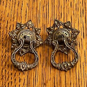 2 Brass Antique Vintage Drop Ring Drawer Pulls Ornate Keeler Kbc 982 H27