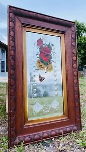 Rare Vintage Antique Beveled Reverse Glass Painted Butterfly Etched Mirror