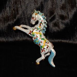 Vintage White Horse Chinese Cloisonne Enamel Brass Figurine Animal Statue Gold