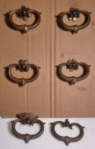 6 Vtg Brass Drop Down Drawer Pulls Handles 2283 4 With Matching Plates 2k 33