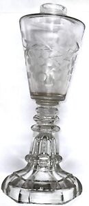 Lovely Antique Glass Whale Oil Fluid Stand Lamp Etched Grape Floral Conical Font