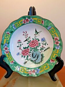 Antique Chinee Canton Enameled On Brass Bowl Plate 8 Diameter