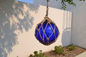 Reproduction Cobalt Blue Glass Float Ball With Fishing Net 12 F 954