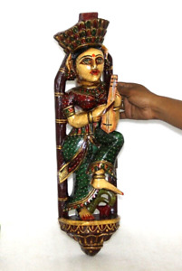Vintage Wooden Rajasthani Lady Playing A Musical Instrument Statue Wall Hanging