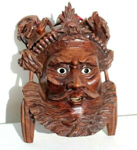 Vtg Wooden Carved Chinese Wall Hanging Mask Emperor Devil Dogs Dragons Decor