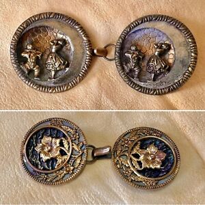 Antique Large Picture Buttons As Clasps Pierrot Columbine Ornate 3d Flower