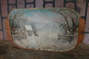 Antique 19th C Wood Trencher Dough Bowl Early Folk Art Oil Painting 19 25 Inch