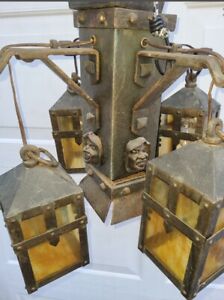 Antique Original Arts Crafts Hammered Cast Iron Slag Glass Monk Chandelier