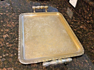 Gorgeous Antique Silver On Copper Brass Handled Rectangular Serving Tray