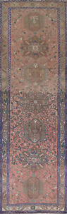 Vintage Pink Wool Geometric Heriz Runner Rug 3x12 Hand Knotted Hallway Carpet