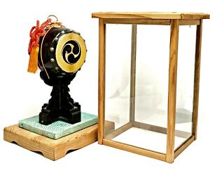 Japanese Taiko Drum Cover Glass Wooden Base Tassel Vtg Collectible Dollhouse