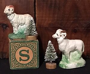 2 Antique Christmas Putz Chalkware Sheep 2 Bottlebrush Trees Toy Block Aafa