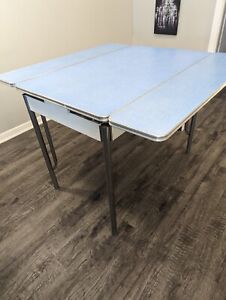 Vintage Blue Formica Table Pull Out Leaves And Chrome Edges And Utensil Drawer
