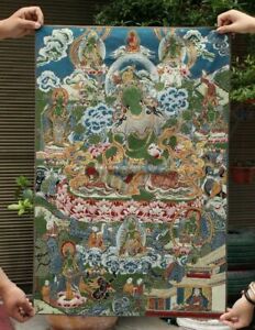 36 Tibet Buddhism Silk Cloth Green Tara Goddess Thangka Embroidery Mural