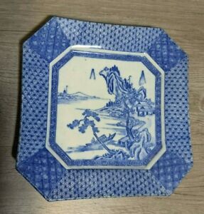Vintage 9 75 Japanese Porcelain Arita Ware Octagonal Blue White Landscape Plate
