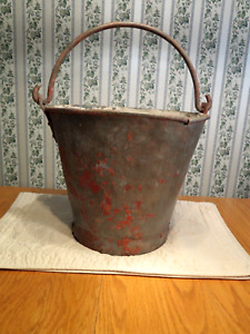 Vintage Heavy Steel Metal Bucket Pail Rustic Planter Primitive Peeling Red Paint