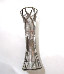 Vintage Glass Bud Vase Sterling Silver Overlay Floral Design 8 5 Inch