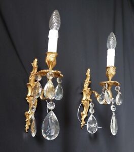 Bbeautiful Vintage Antique Pair Of Brass Crystal 1 Light Sconces Wall Lights