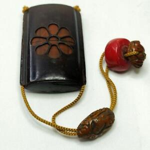 Ir042edo Period Inro Lacquer Ware With Coral Netsuke Antique Japanese