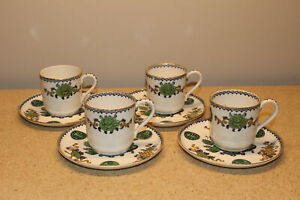 4 Rare Antique Wedgwood Green Basket Chinese Lotus Demitasse Cup And Saucer Sets