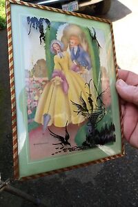 Vintage Reverse Silhouette And Couple Courting Framed Picture W Convex Glass