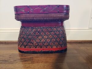 Vintage Chinese Woven Bamboo Basket With Painted Red Trim Fish Design