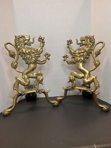 Antique Cast Brass Fireplace Andirons Mid 19th Century Rampant Lions Set 15 