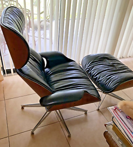 Vtg Plycraft Black Leather Wood Lounge Chair Ottoman Mulhauser Original Labels