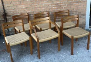 Vintage J L Moller Teak Chairs Set 6 Six Woven Wide Seats Made In Denmark