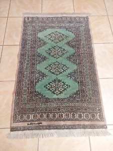 Vintage Pakistani Green Bokhara Handmade Hand Knotted Wool Rug 2 7x4 Ft