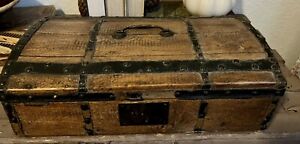 Antique French Wood Storage Box W Metal Latch Handle Trunk Style