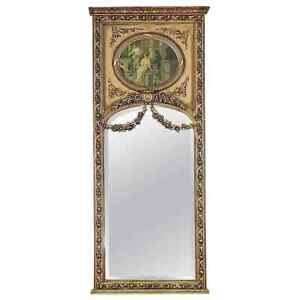 Tall Gilded French Louis Xv Style Trumeau Mirror With Neoclassical Print