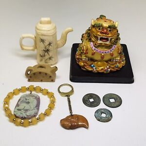 Lot Of Vintage Chinese Objects Jewelry Foo Dog Jade Pendant Coins