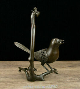 Old China Dynasty Pure Bronze Parrot Bird On Tree Smoker Incense Burner Censer