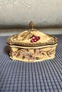 Antique Chinese Ceramic Handpainted Grapes And Brass Porcelain Box With Lid 