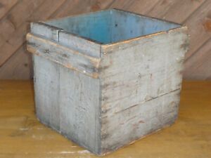 Old Early Primitive Wood Farm Carry Box In Original Muted Blue Paint