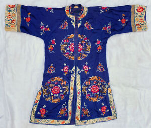 Antique Chinese Hand Embroidered Silk Blue Robe Flowers Butterflies