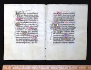 C 1425 50 Medieval Book Of Hours Bifolium Illuminated Manuscript France