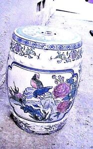 Antique Vintage Chinese Blue White Porcelain Barrel Garden Seat Peacock Roses
