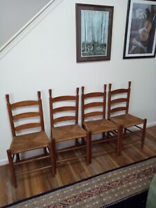 Vintage Amish Shaker Ladder Back Chairs With Rush Woven Seats