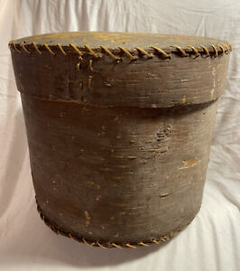 Large Antique Birch Bark Hat Box W Early Wallpaper Liner