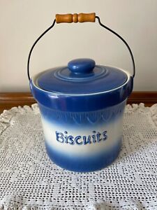 Vintage Blue And White Biscuits Crock Wood Bale Handle Pristine Condition 1920 S