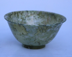 Vintage Antique Natural Jade Stone Bowl Tea Cup Turned Carved Spinach Green