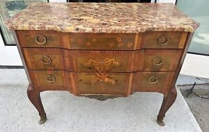 19th Century Louis Xv Floral Inlaid Gilt Bronze Mounted Marble Top Commode Chest