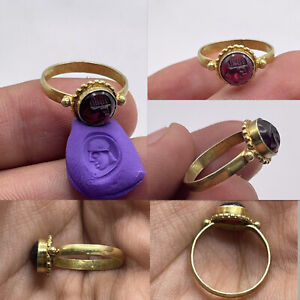 Superb Ancient Roman High Carat Gold Ring With Garnet Intaglio King Depicted
