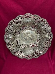 Antique German Cherub S Rose S Large 15 5 Reticulated Repousse Bowl