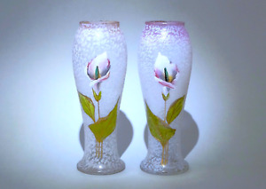 Antique French Legras Mont Joye Hand Painted Enamel Vases Ca1900