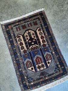 Antique Tribal Afghan Vintage Handmade Knotted Balouchi Prayer Rug 100 68 Cm