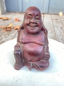 Antique Vtg Chinese Buddha Hand Carved Wood 6 Solid Rosewood Smiling Happy