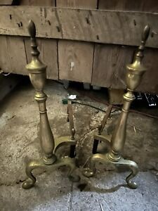 Vintage Set Of Ornate Brass Cast Iron Fireplace Andirons Fire Dogs Log Holders